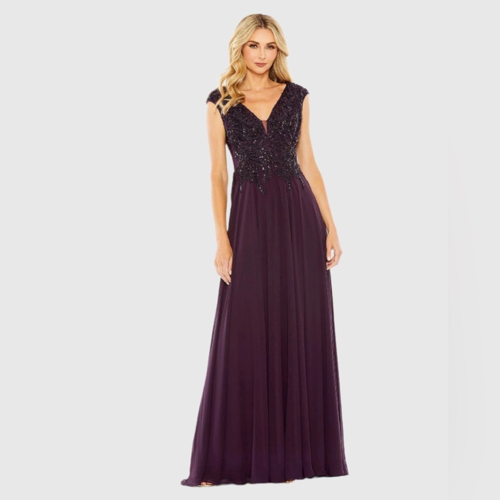 Call-Outs Mac‎ Duggal 20264 Purple Applique Cap Sleeve Bodice Flowy Gown, size 6